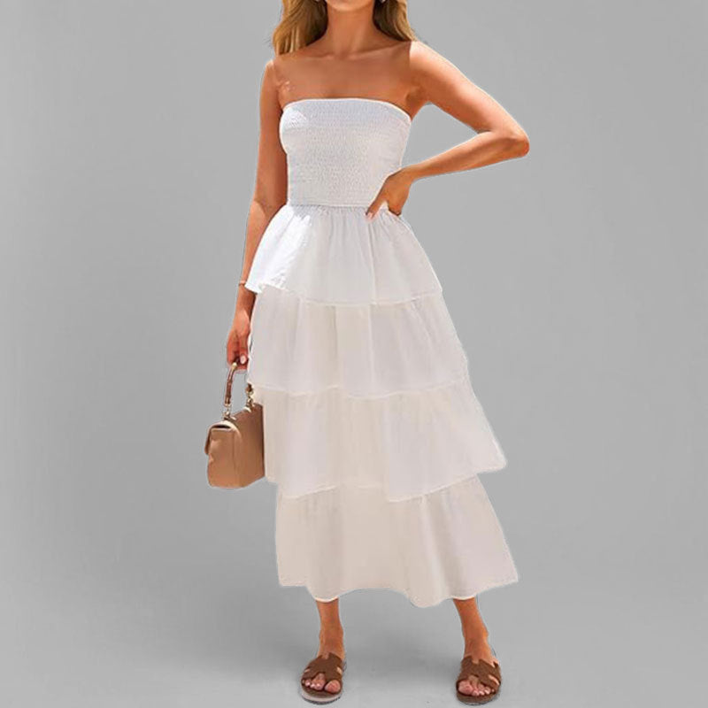 Damen Maxikleid Schulterfrei Voluminöser Stufenrock Norvielle