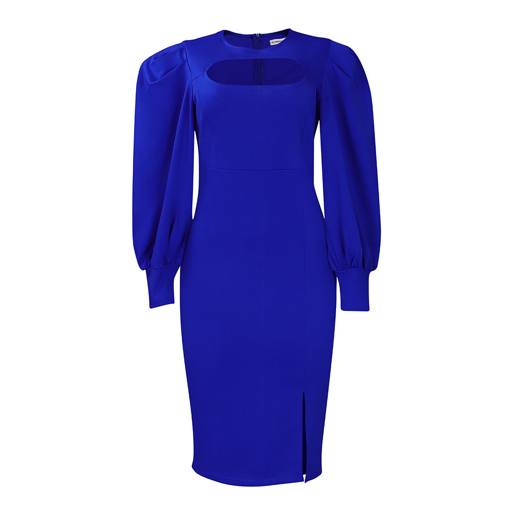 Damen Midi-Kleid Raffinierter Ausschnitt Voluminöse Puffärmel