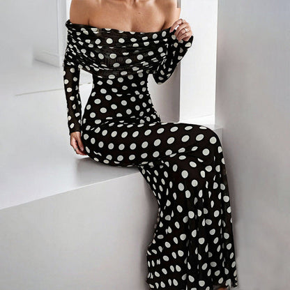 Damen Maxikleid Off-Shoulder Polka-Dot Muster