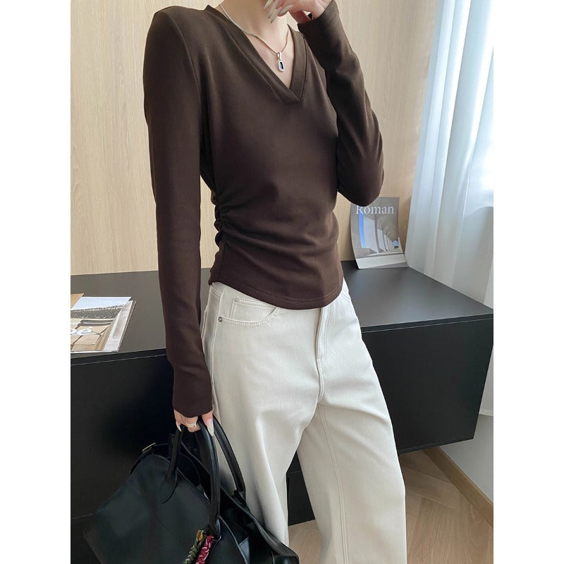Damen Longsleeve-Oberteil V-Ausschnitt Raffung Norvielle