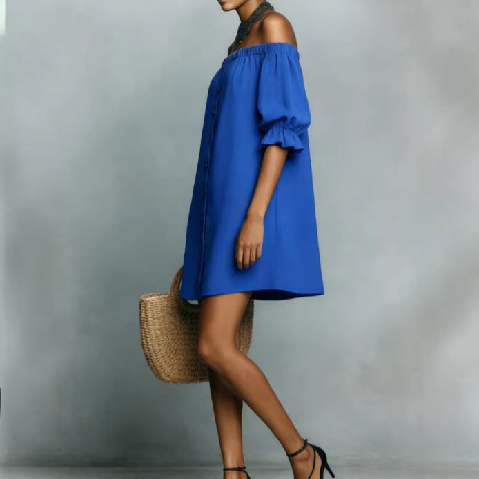 Damen Off-Shoulder Kleid Rüschen Knöpfe Norvielle