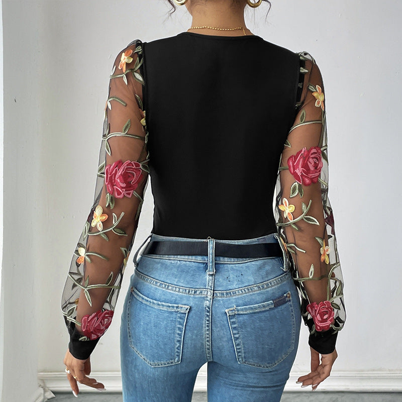 Damen Body mit bestickten Puffärmeln und V-Ausschnitt