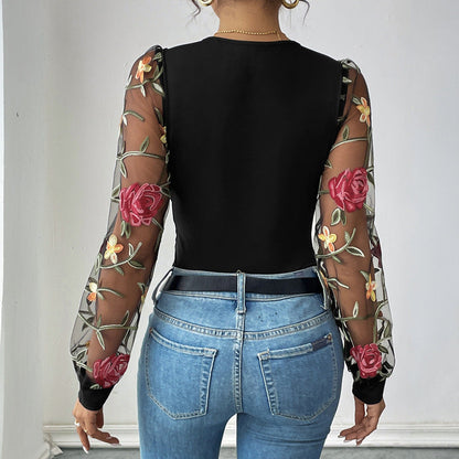 Damen Body mit bestickten Puffärmeln und V-Ausschnitt