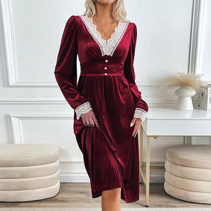 Damen Samtkleid Spitzenapplikationen Knöpfe