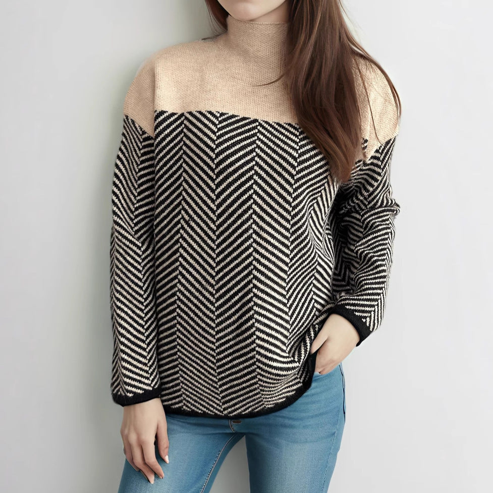 Damen Rollkragenpullover Fischgrätenmuster Elastisch Beige