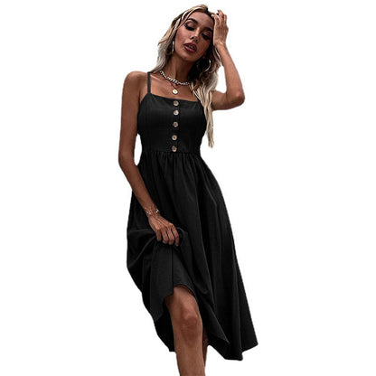Damen Midi-Kleid Knopfleiste Verstellbare Träger Norvielle