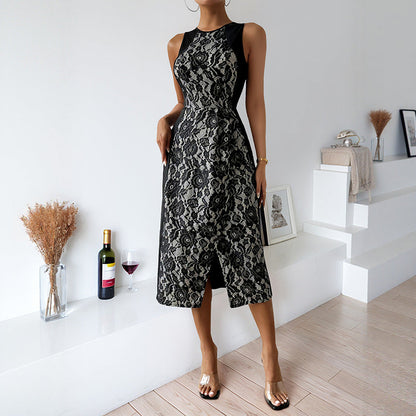 Damen Etuikleid Spitzenmuster Seidenkleid