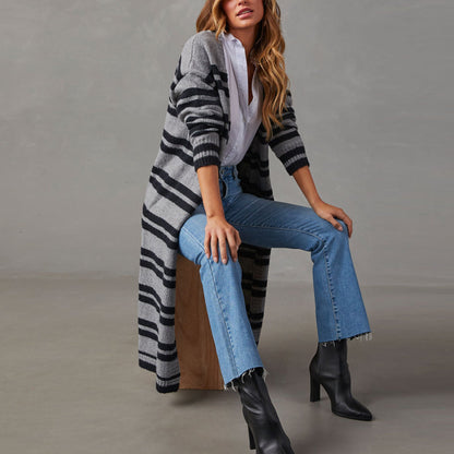Damen Strickjacke Streifenmuster Lang Norvielle