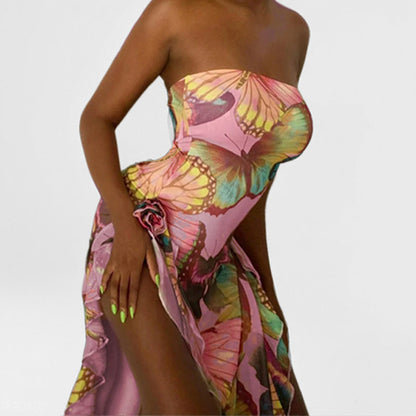 Damen Strandkleid Asymmetrisch Bunt Schmetterlingsmuster