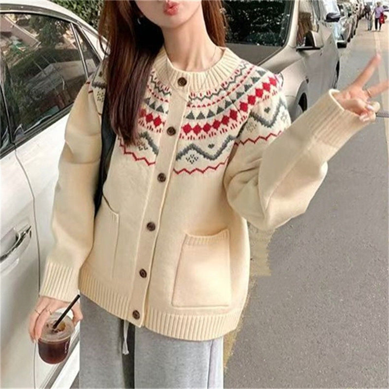 Damen Strickjacke Grafisches Muster Funktions-Taschen