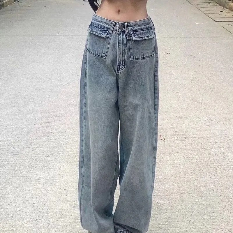 Damen Weite Denim-Hose Hochtaschen Vintage-Waschung Blau - Norvielle