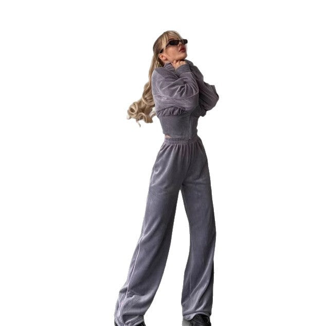 Damen Fleece-Loungewear-Set Kurzes Oberteil Hoher Kragen Norvielle