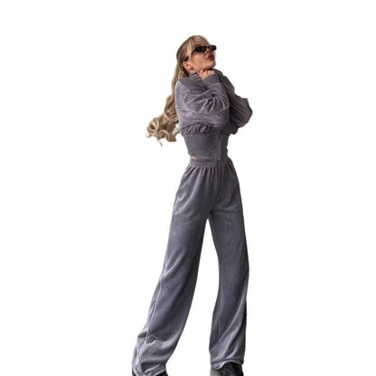 Damen Fleece-Loungewear-Set Kurzes Oberteil Hoher Kragen Norvielle
