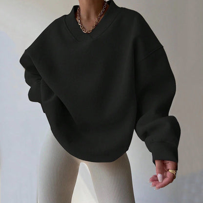 Damen Oversized Sweatshirt V-Ausschnitt Breiter Bund Norvielle