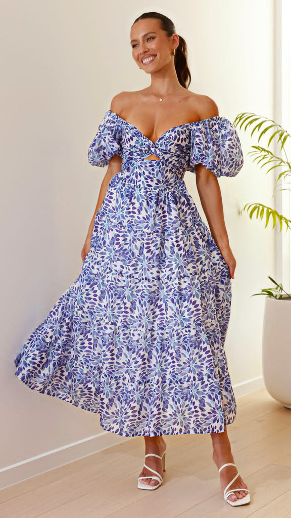 Damen Maxikleid Schulterfreies Design Puffärmel Norvielle