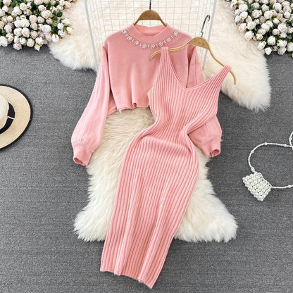 Damen Strickkleid Rippstruktur Feminin Träger Beige