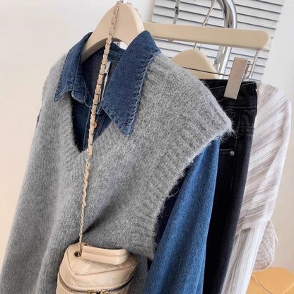Damen V-Ausschnitt Strickpullover Lässiger Denim Look