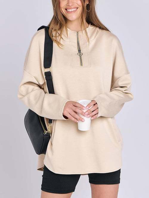 Damen Hoodie Halbzipp Norvielle Baumwolle Locker Beige