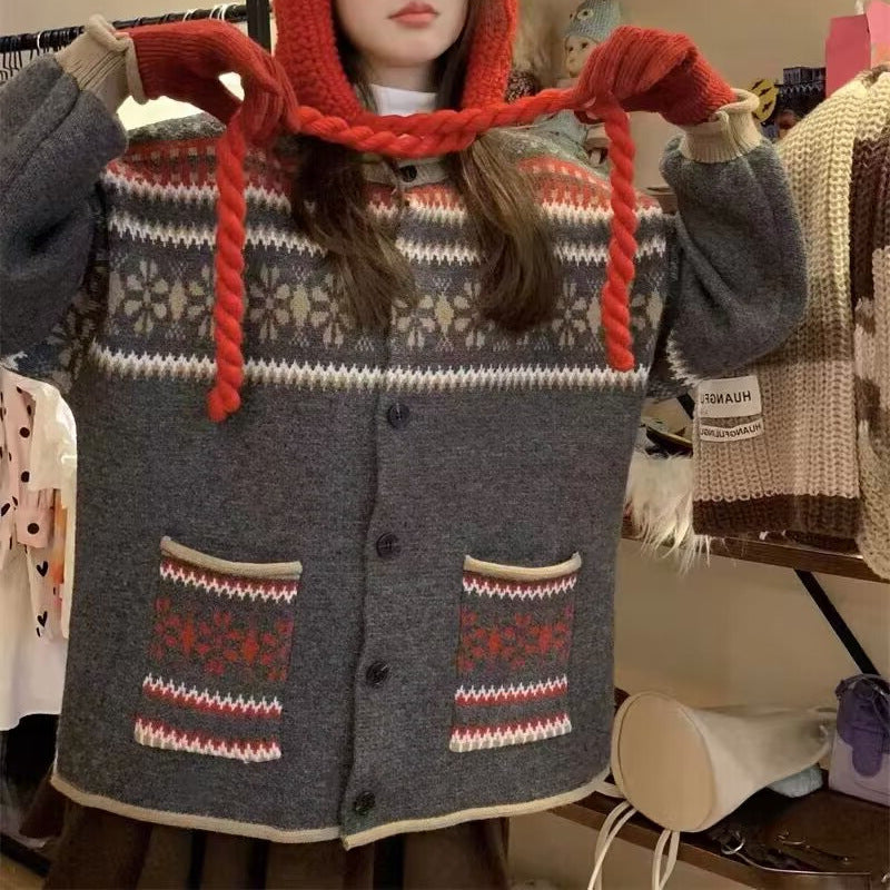 Damen Strickjacke Kapuze Dekoratives Muster Norvielle