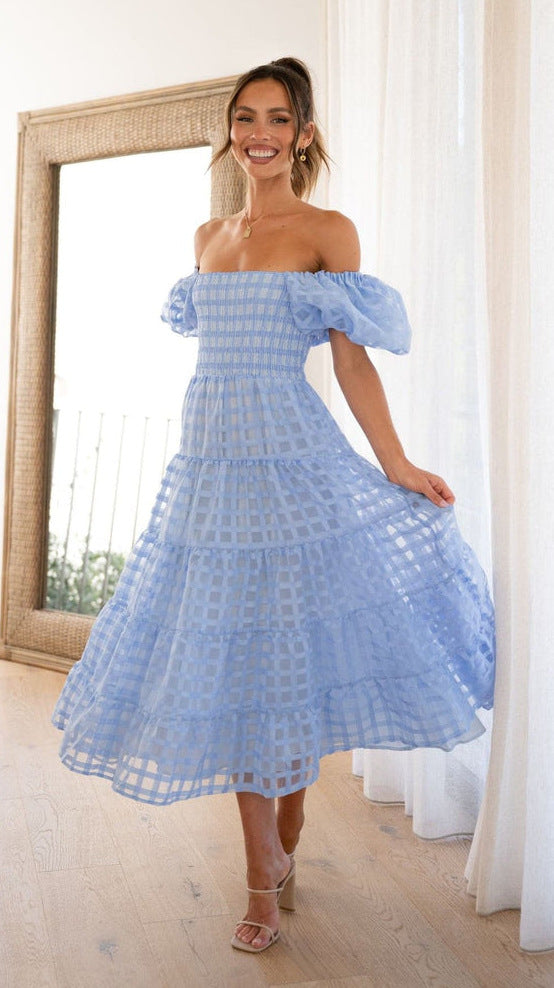 Damen Maxikleid Luftige Puffärmel Gerafftes Oberteil Norvielle