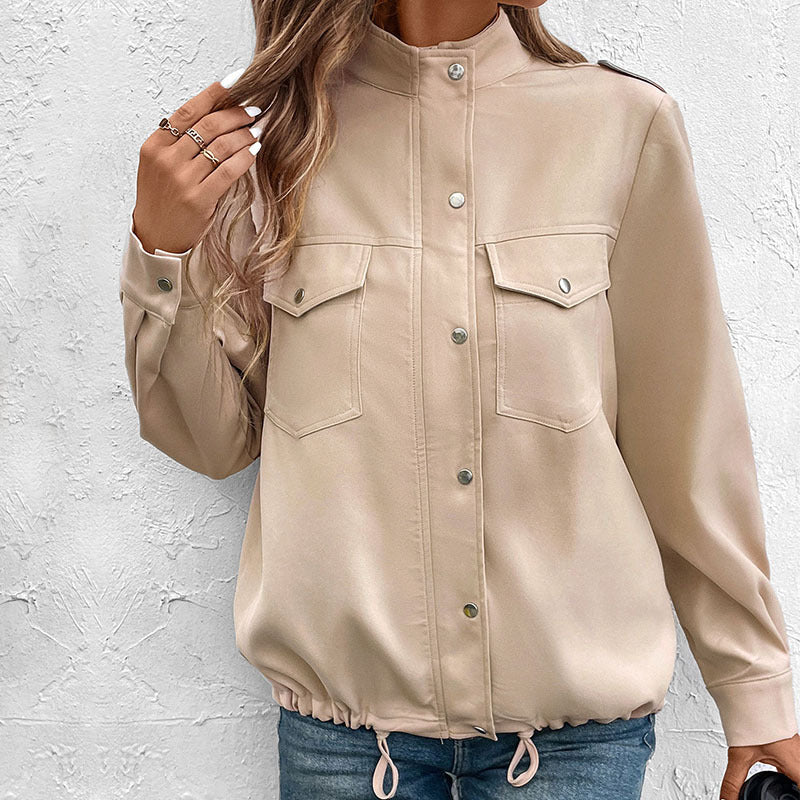 Damen Overshirtjacke Leicht Dekorative Knöpfe Brusttasche Beige
