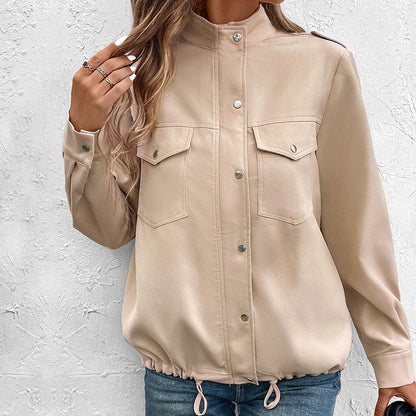 Damen Overshirtjacke Leicht Dekorative Knöpfe Brusttasche Beige