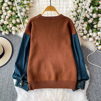 Damen Pullover Schmetterlingsmuster Denim Ärmel
