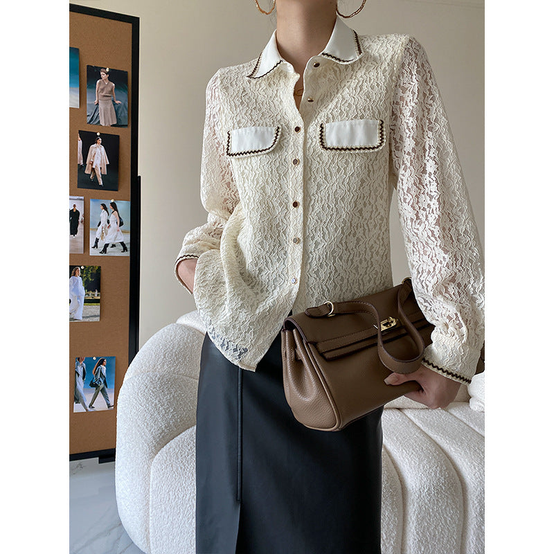 Damen Spitzenbluse mit Kontrastdetails Elegantes Design