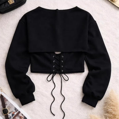 Damen Cropped Sweatshirt Schnürung Grau Norvielle