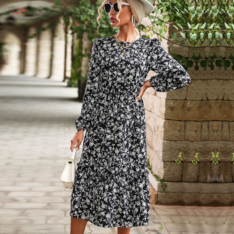 Damen Wickelkleid Midi Floralmuster Elastischer Gürtel