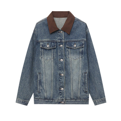 Damen Jeansjacke Lässiger Schnitt Kontrastkragen