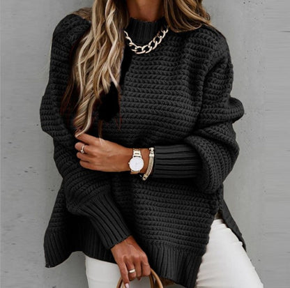 Damen Grobstrickpullover Hochkragen Mit Schlitzen Norvielle