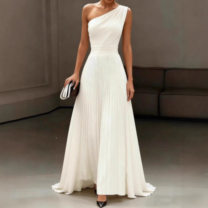 Damen Elegantes Schulterkleid mit Plissee und fließendem Saum