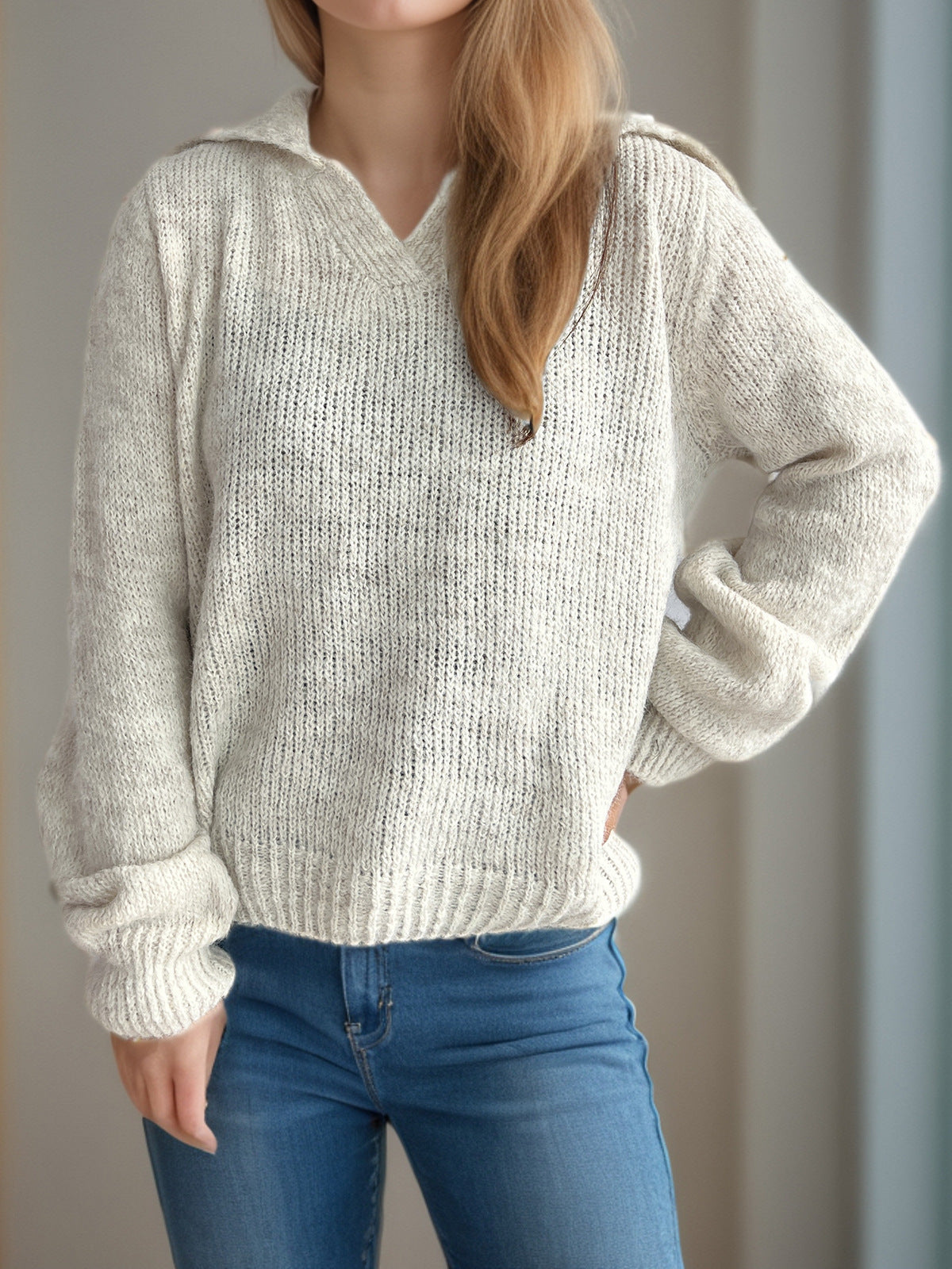 Damen Strickpullover V-Ausschnitt Voluminöse Ärmel Beige
