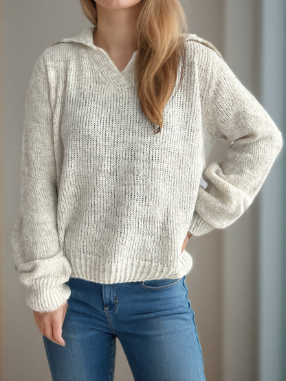 Damen Strickpullover V-Ausschnitt Voluminöse Ärmel Beige