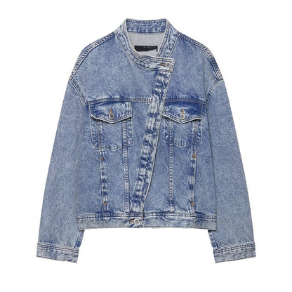 Damen Denimjacke Asymmetrisch Mit Taschen Blau - Norvielle
