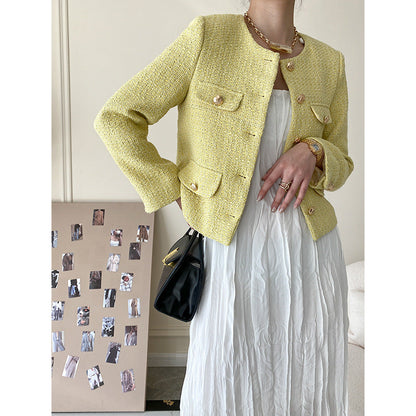 Damen Tweedjacke Elegant Dekorative Knöpfe Beige
