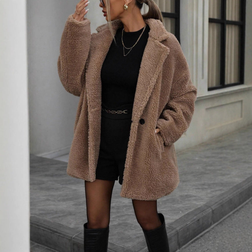 Damen Teddyjacke Kuscheljacke aus Plüsch Beige