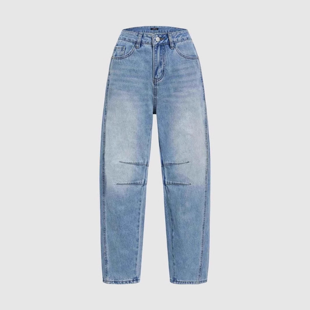 Damen Vintage Jeans Weit Geschnitten Ausgefranster Saum