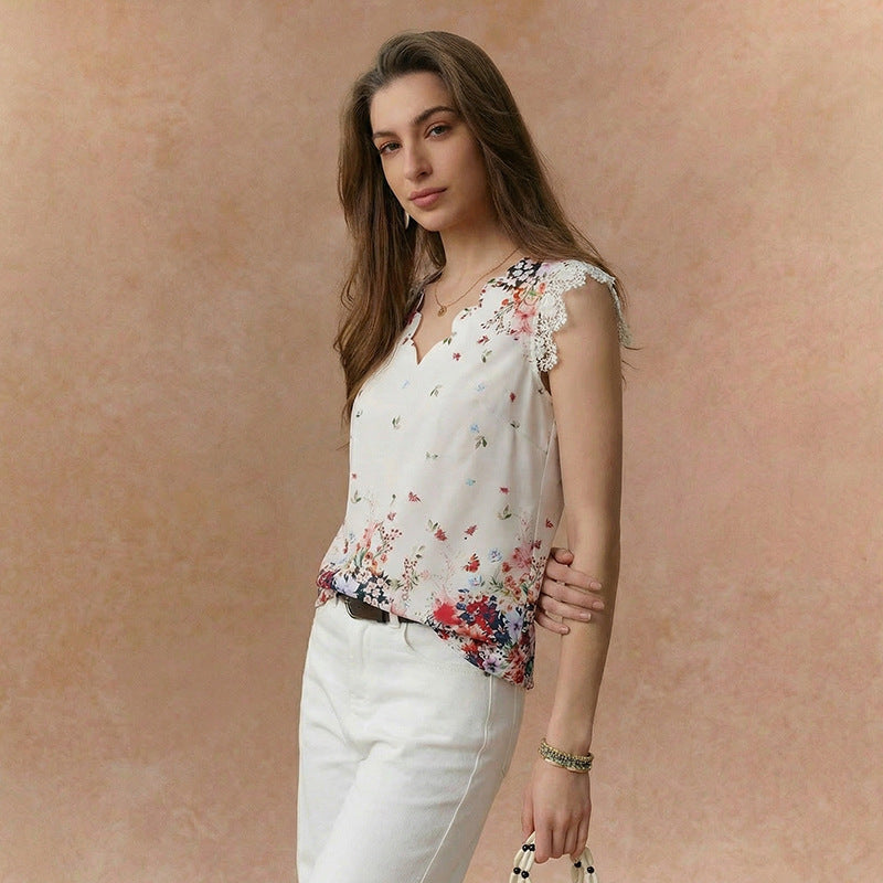 Damen Bluse Floralmuster Spitzenbesatz Norvielle