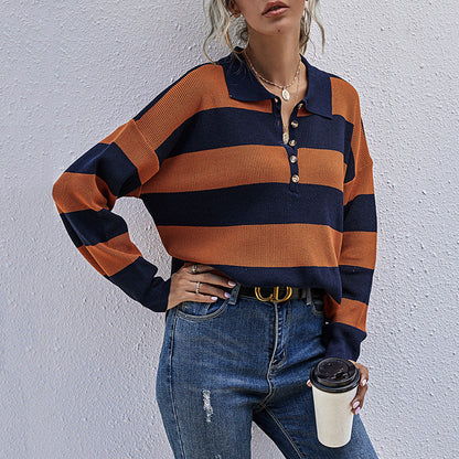 Damen Oversized Pullover Streifenmuster Knopfleiste Norvielle