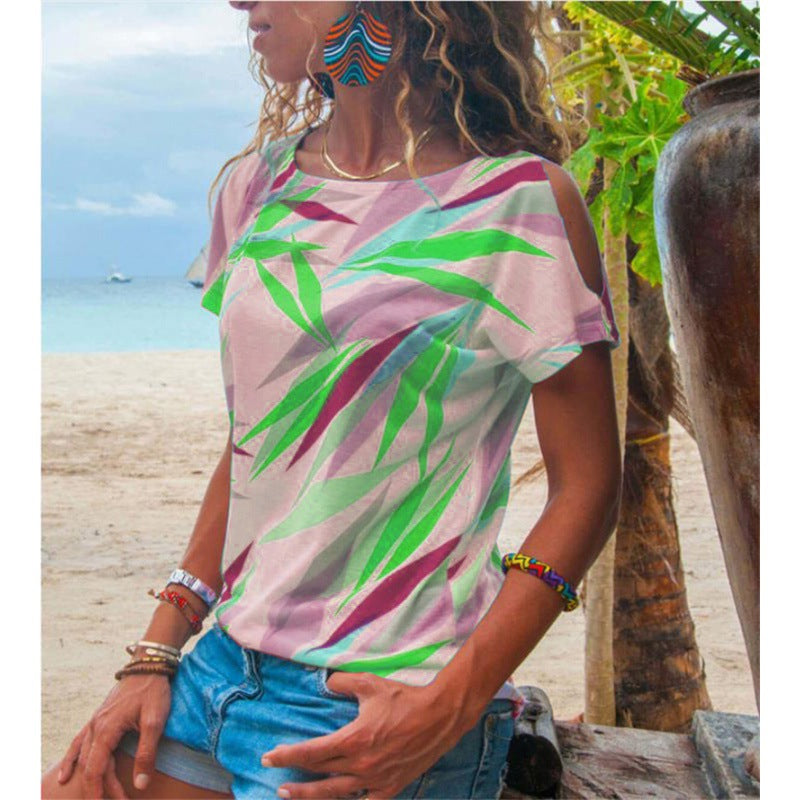 Damen T-Shirt Asymmetrisch Bunt Blattmotiv