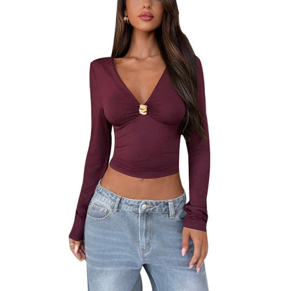 Damen Longsleeve Oberteil V-Ausschnitt Dekorativer Knopf