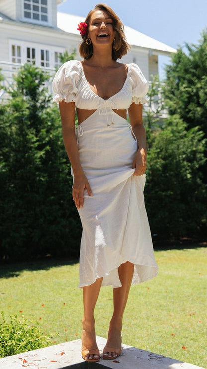 Damen Maxi Kleid Puffärmel Seidenoptik