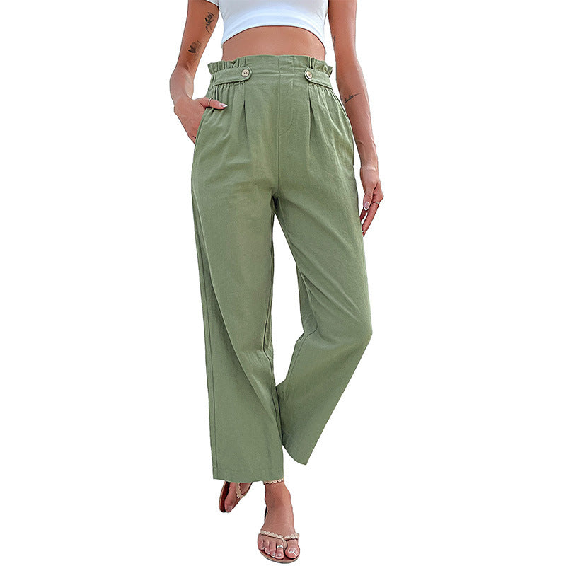 Damen Leinenhose Hohe Taille Dekorative Knöpfe Beige