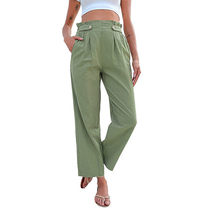 Damen Leinenhose Hohe Taille Dekorative Knöpfe Beige