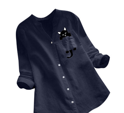 Damen Bluse Katzenmotiv Baumwolle Trendig