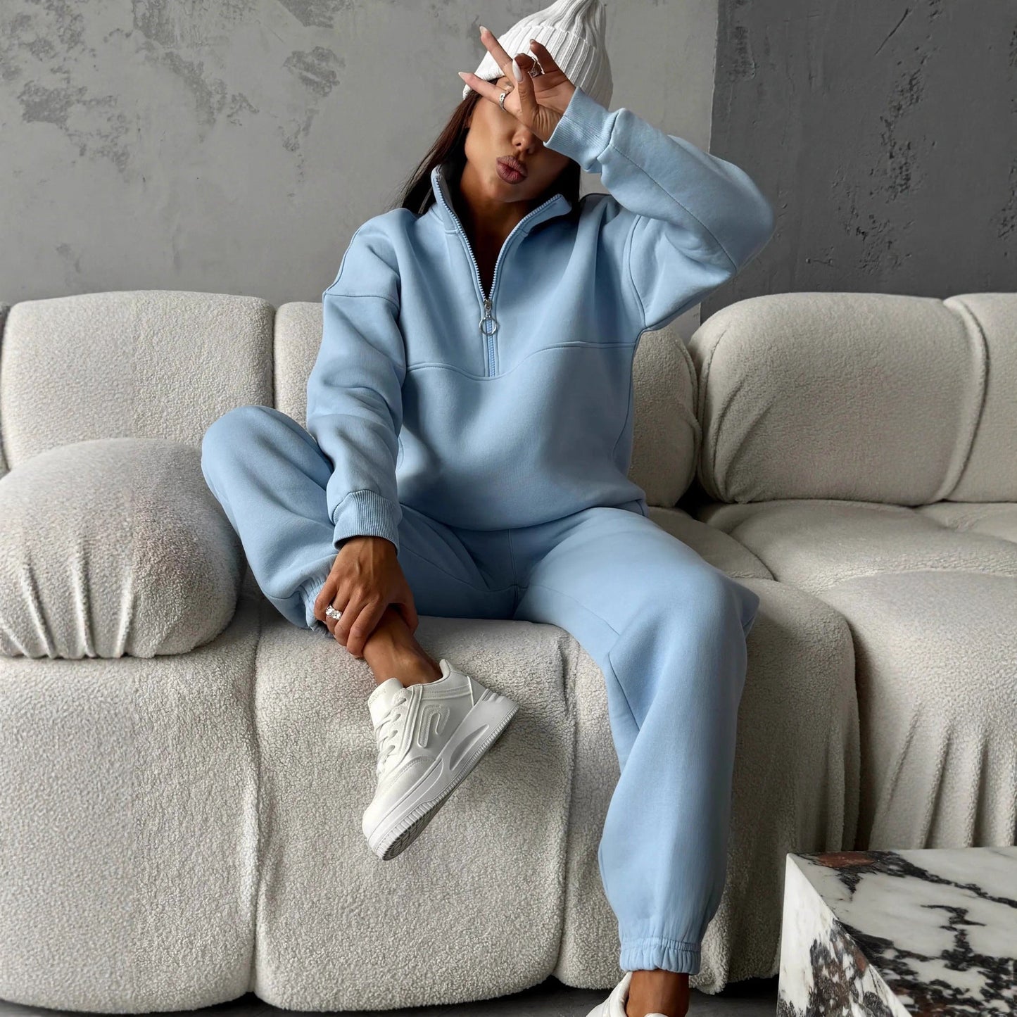 Damen Fleece-Jogginganzug Hochkragen Reißverschlussdetails