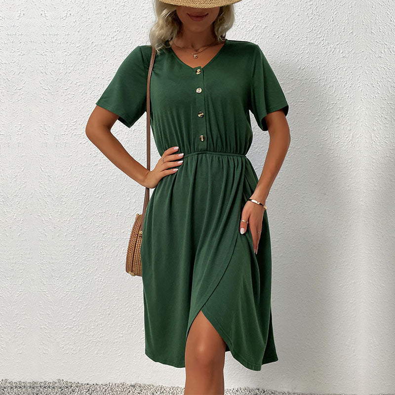 Damen Kleid Kurz Knöpfe Elastischer Bund Norvielle