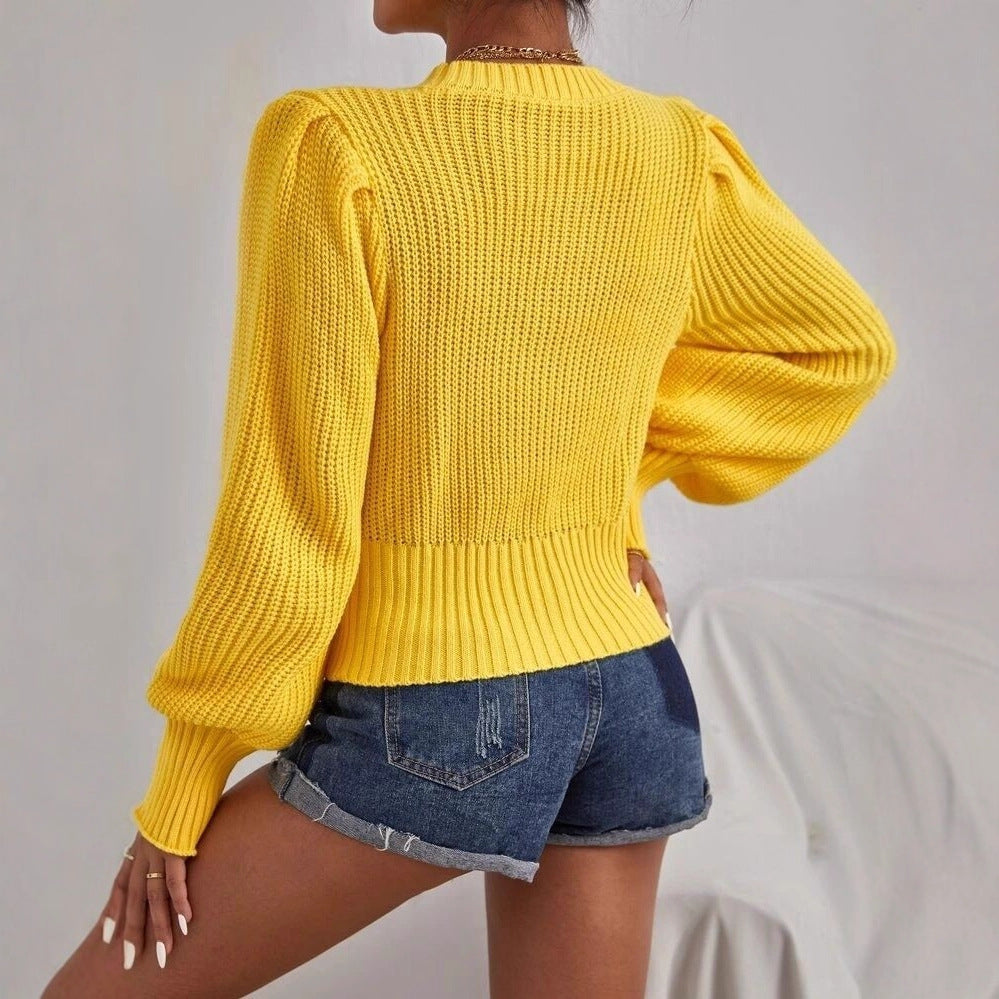 Damen Grobstrickpullover Voluminöse Ärmel Zopfmuster